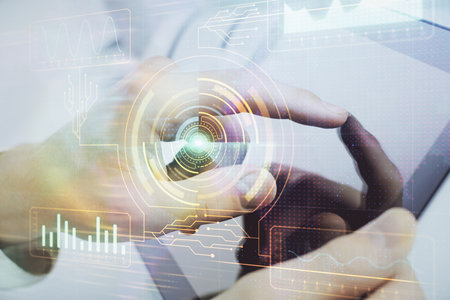 Multi exposure of man's hand holding and using a digital device and data theme drawing. Innovation...