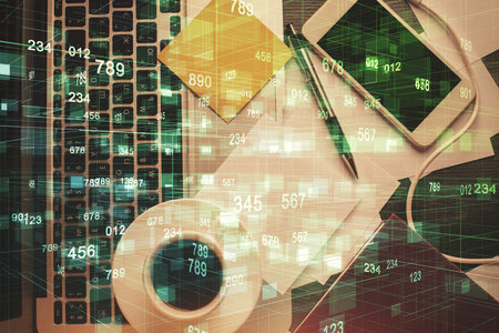 Double exposure of data drawing hologram over topview of study desk background with computer. Concept of Ai.の写真素材