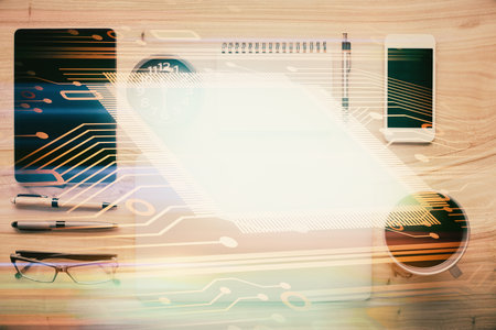 Multi exposure of technology theme drawing over work table desktop. Top view. Global data analysis concept.の写真素材