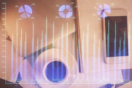 Multi exposure of forex graph hologram over desktop with phone. Top view. Mobile trade platform concept.の写真素材