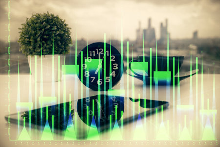 Double exposure of forex graph drawing and cell phone background. Concept of financial data analysisの写真素材
