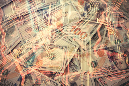 Double exposure of tech theme drawing over usa dollars bill background. Concept of technology.の写真素材