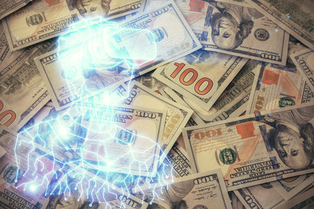 Double exposure of man wearing VR glasses drawing over usa dollars bill background. Concept of virtual reality.の写真素材