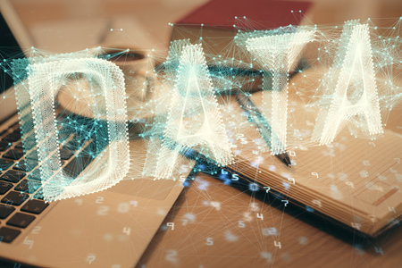 Double exposure of technology theme drawing and desktop with coffee and items on table background. Concept of data research.の写真素材