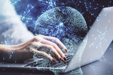 Multi exposure of woman hands working on computer and human brain hologram drawing. Ai tech concept.の写真素材