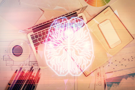Multi exposure of brain sketch hologram over topview work table background with computer. Concept of...