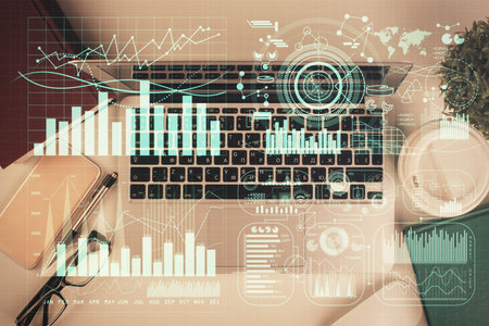 Multi exposure of financial chart drawing over table background with computer. Concept of research....