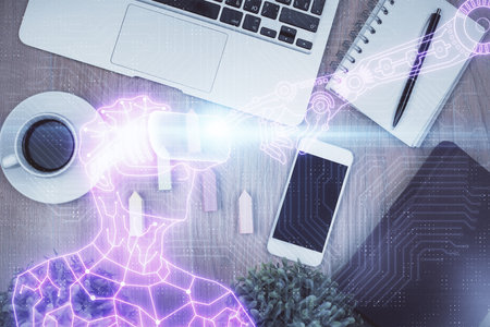 Double exposure of drawing man in AR glasses over table with phone. Top view. VR concept.