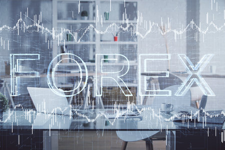 Multi exposure of stock market chart drawing and office interior background. Concept of financial analysis.の写真素材