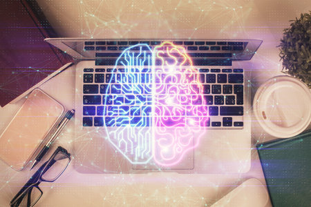 Multi exposure of brain sketch hologram over topview work table background with computer. Concept of big data.の写真素材