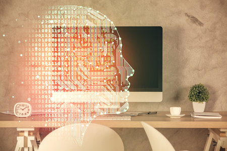 Multi exposure of brain drawing and office interior background. Concept of data technology.
