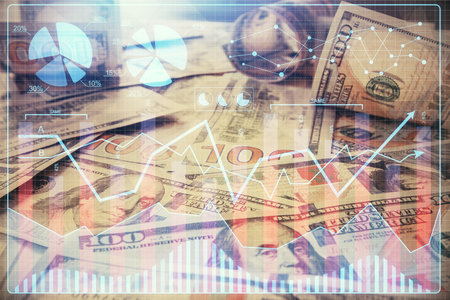 Multi exposure of forex chart drawing over us dollars bill background. Concept of financial success markets.の写真素材