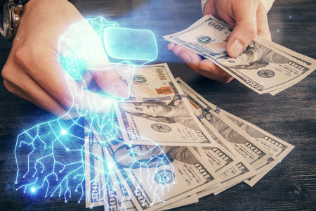 Multi exposure of vr glasses drawing hologram and USA dollars bills and man hands.の写真素材