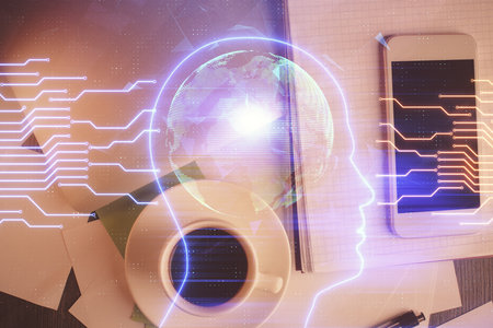 Double exposure of brain drawing over work table desktop. Top view. Global data analysis concept.