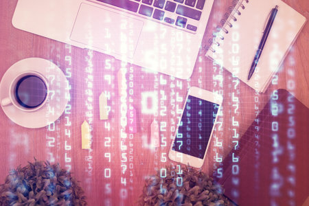Double exposure of technology theme drawing over work table desktop. Top view. Global data analysis concept.の写真素材