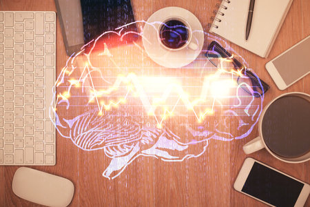 Multi exposure of brain drawing over work table desktop. Top view. Global data analysis concept.