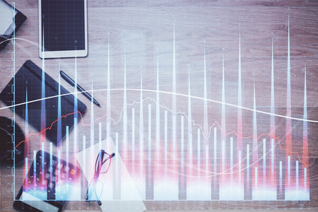 Double exposure of forex graph drawing and work table top veiw. Concept of financial analysis.の写真素材