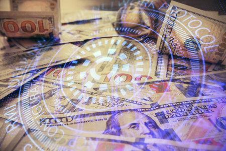 Double exposure of data theme drawing over us dollars bill background. Technology concept.の写真素材