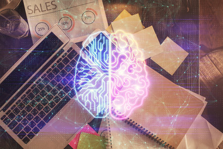 Double exposure of brain drawing hologram over topview work table background with computer. Concept of big data.の写真素材