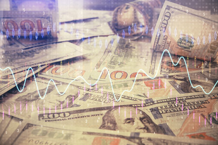 Multi exposure of forex chart drawing over us dollars bill background. Concept of financial success markets.の写真素材