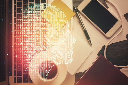 Multi exposure of brain sketch hologram over topview work table background with computer. Concept of...