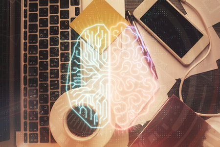 Multi exposure of brain sketch hologram over topview work table background with computer. Concept of...