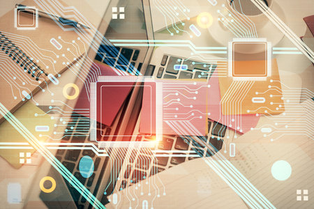 Double exposure of data hologram sketch over study table background with computer. Concept of Ai. Top view.の写真素材