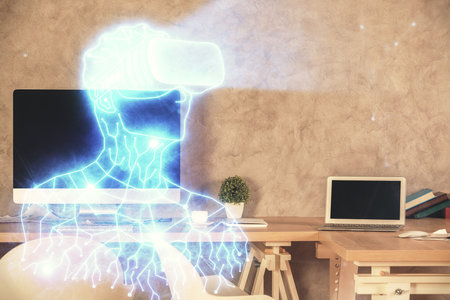 Double exposure of man in VR glasses drawing and office interior background. Concept of AR.の写真素材