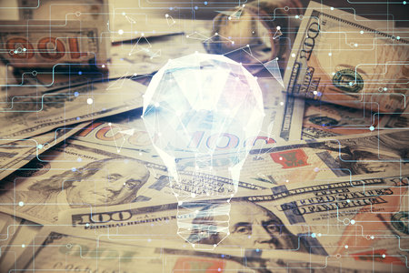 Double exposure of light bulb drawing over usa dollars bill background. Concept of idea.の写真素材