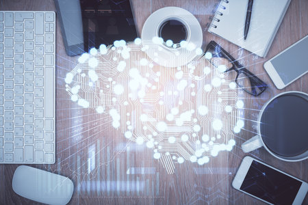 Multi exposure of brain drawing over work table desktop. Top view. Global data analysis concept.