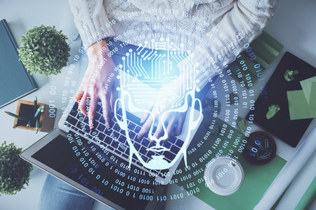 Double exposure of woman working on computer andhuman brain hologram drawing. Top View. Ai concept.