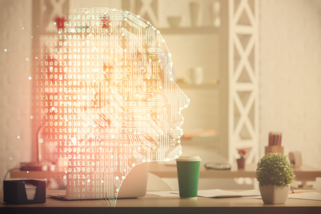 Double exposure of brain drawing and office interior background. Concept of data technology.の写真素材