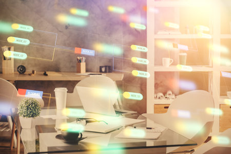 Double exposure of data theme drawing and office interior background. Concept of technology.の写真素材