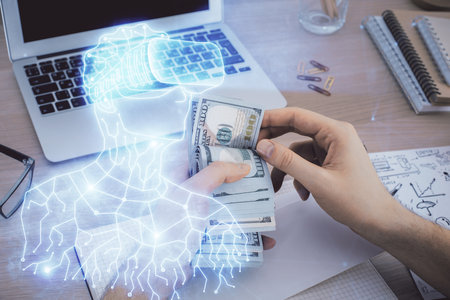 Multi exposure of vr glasses drawing hologram and USA dollars bills and man hands.の写真素材