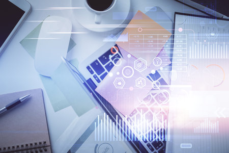 Double exposure of data hologram sketch over study table background with computer. Concept of Ai. Top view.の写真素材