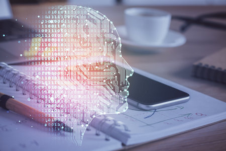 Double exposure of brain theme drawing and cell phone background. Concept of informationの写真素材