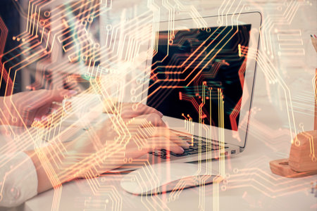 Double exposure of woman hands typing on computer and technology theme drawing. High Tech concept.