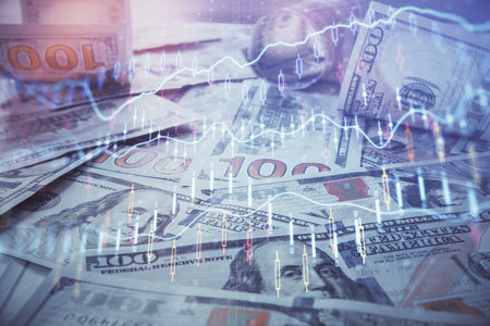 Multi exposure of forex chart drawing over us dollars bill background. Concept of financial success markets.の写真素材