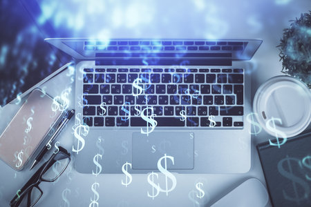 Multi exposure of financial chart drawing over table background with computer. Concept of research. Top view.の写真素材