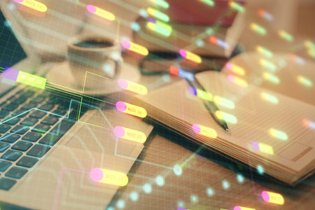 Double exposure of technology theme drawing and desktop with coffee and items on table background. Concept of data research.の写真素材