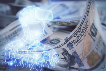 Double exposure of man wearing VR glasses drawing over usa dollars bill background. Concept of virtual reality.の写真素材