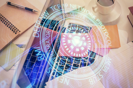 Double exposure of data hologram sketch over study table background with computer. Concept of Ai. Top view.の写真素材