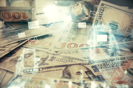 Double exposure of E-mail envelop drawing over usa dollars bill background. Concept of connection.の写真素材