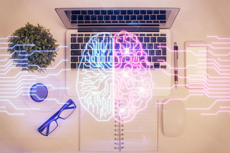 Multi exposure of brain sketch hologram over topview work table background with computer. Concept of...