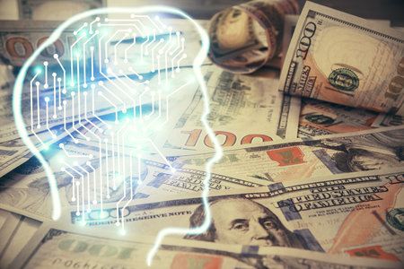 Double exposure of brain drawing over us dollars bill background. Technology concept.の写真素材