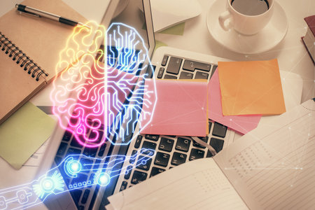 Multi exposure of brain sketch hologram over topview work table background with computer. Concept of big data.の写真素材