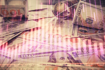 Multi exposure of forex chart drawing over us dollars bill background. Concept of financial success markets.の写真素材