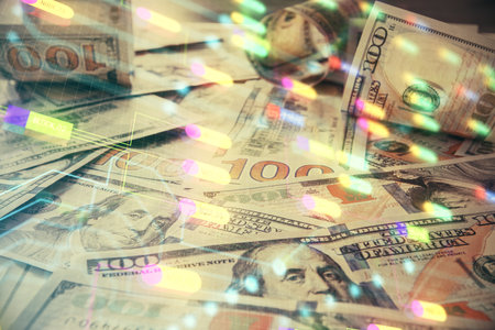 Double exposure of data theme drawing over us dollars bill background. Technology concept.の写真素材
