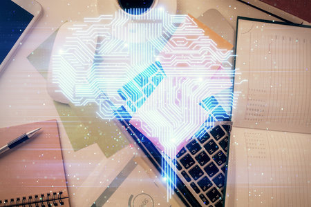 Multi exposure of brain sketch hologram over topview work table background with computer. Concept of big data.の写真素材