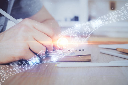 Human's hands with tech theme double exposure icons. Concept of big data.の写真素材